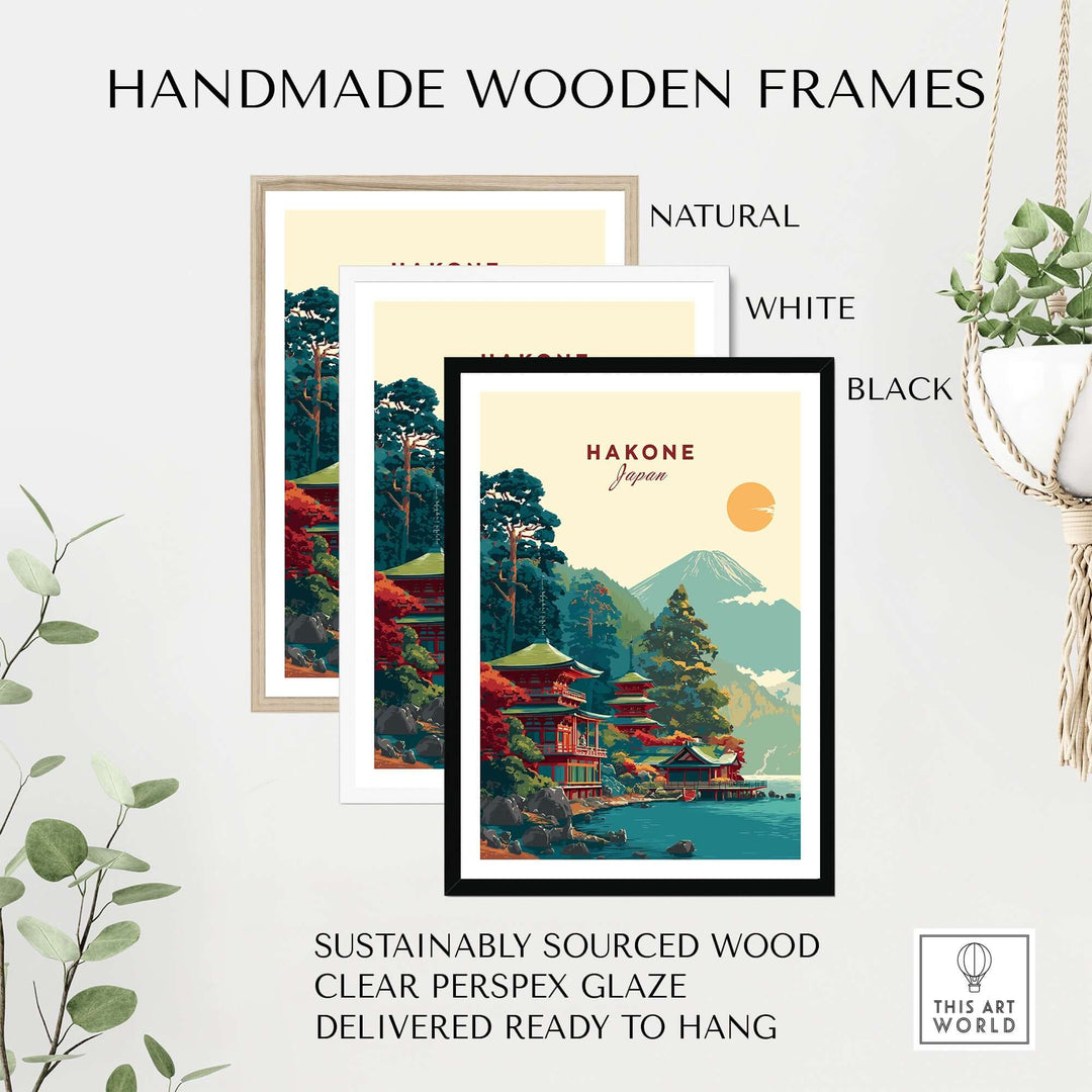 Handmade wooden frames in natural, white, and black for Hakone Japan Lake Ashi Temple print, sustainably sourced.