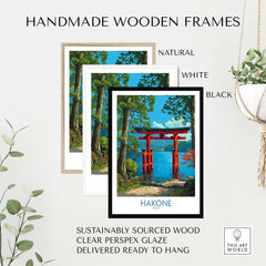 Hakone Japan Iconic Torii Print - Japanese Scenic Landscape Decor in handmade wooden frames.