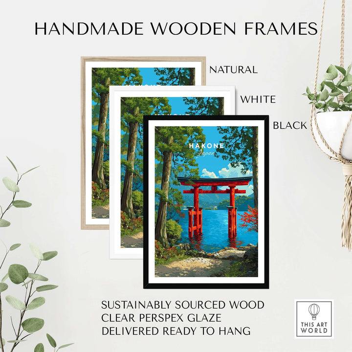 Handmade wooden frames for Hakone Lake Ashi Torii Gate poster in natural, white, and black finishes.