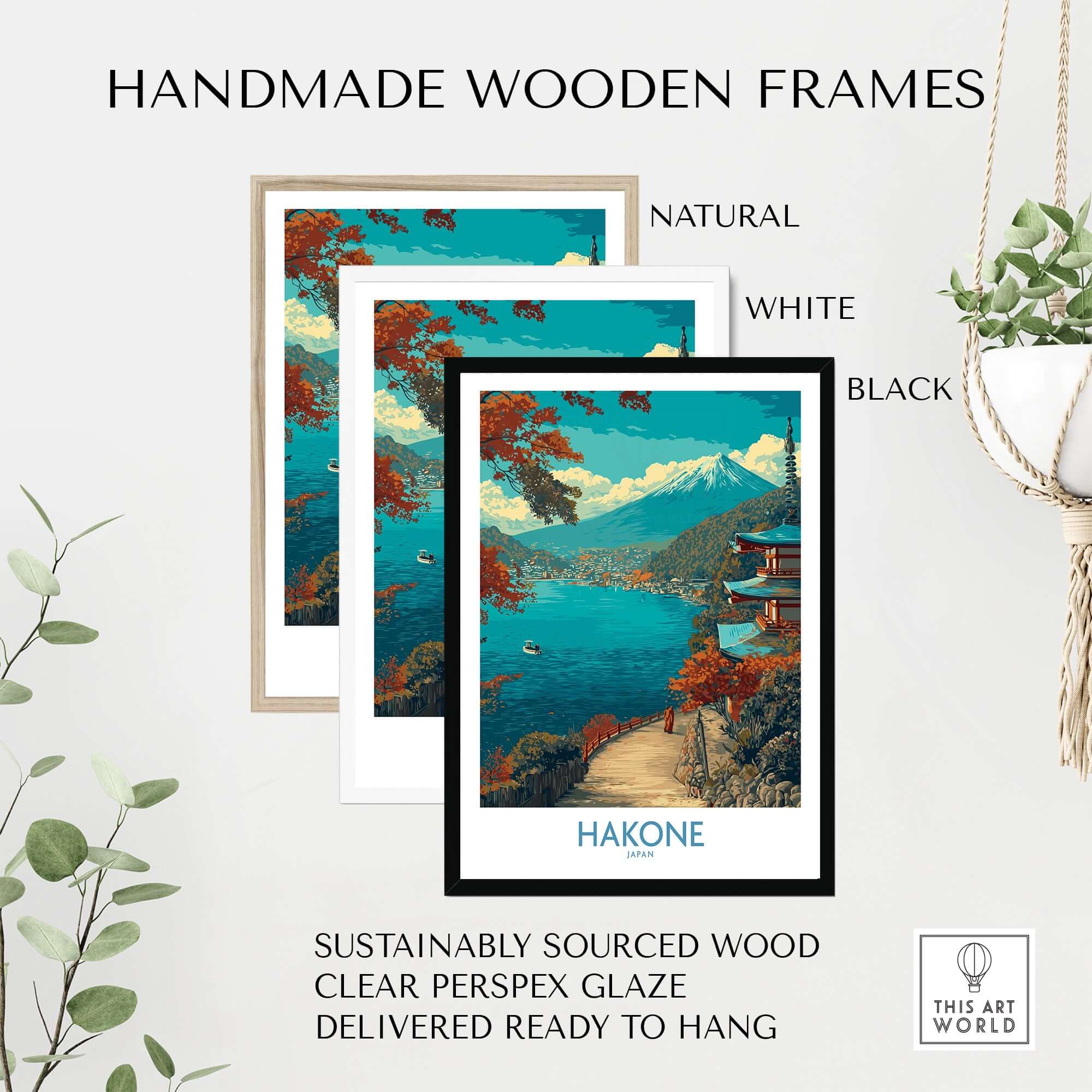 Hakone Japan Lakeside Temple Wall Art - Japanese Nature Travel Decor displayed in handmade wooden frames.