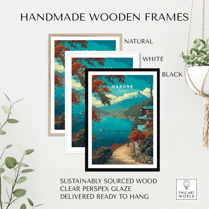 Handmade wooden frames in natural, white, and black colors, featuring beautiful Hakone print artwork.