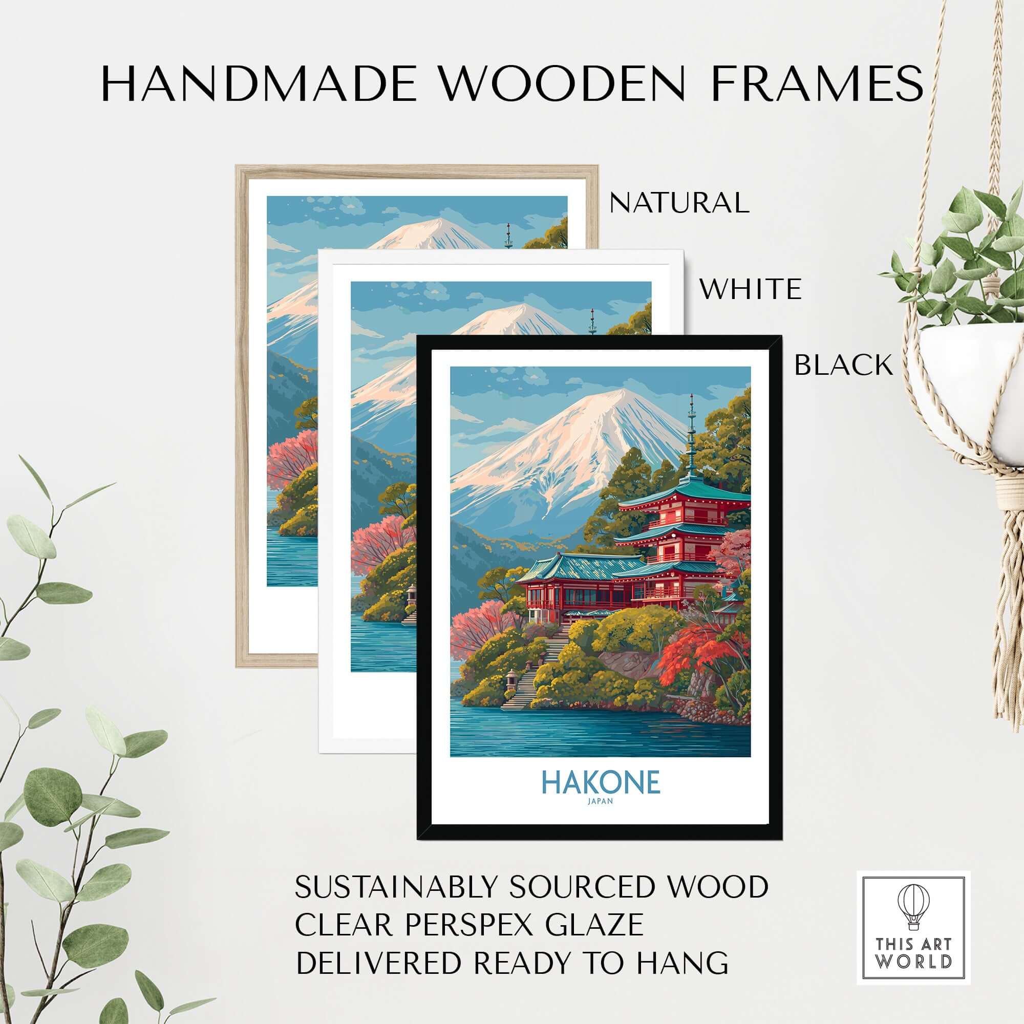 Hakone Japan Wall Art - Japan Travel Print in handmade wooden frames, available in natural, white, and black.