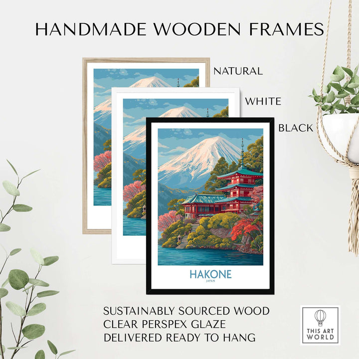 Framed Hakone Japan Wall Art featuring handmade wooden frames in natural, white, and black styles.