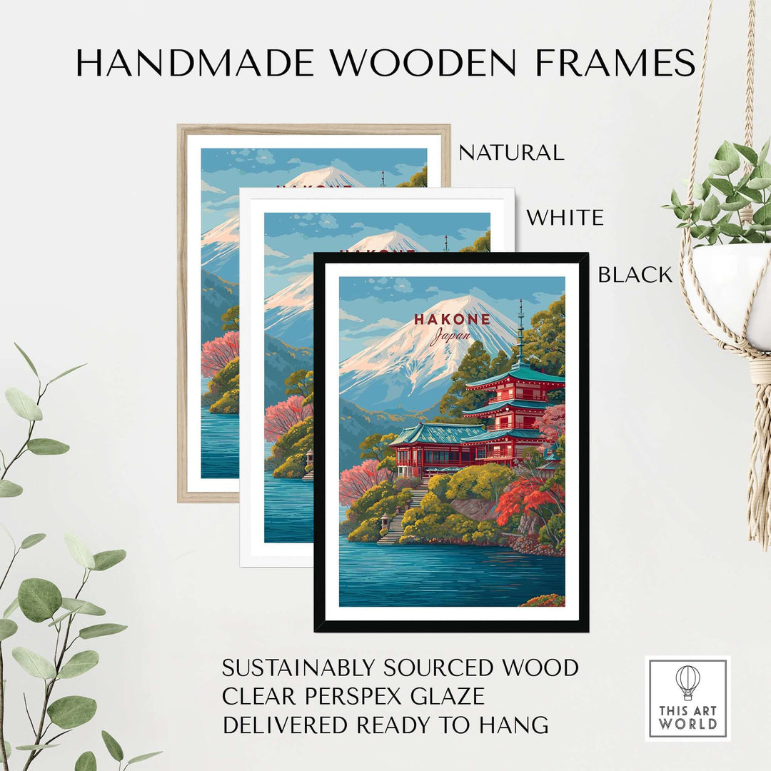 Handmade wooden frames in natural, white, and black, showcasing a Hakone Japan print with Mount Fuji.