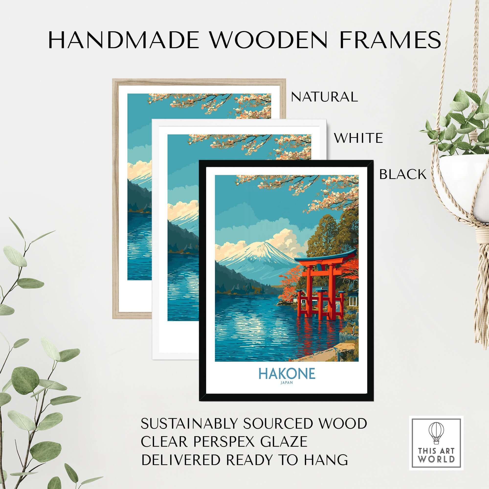 Hakone Wall Art Japan Red Torii Gate Poster framed in natural, white, and black handmade wooden frames.