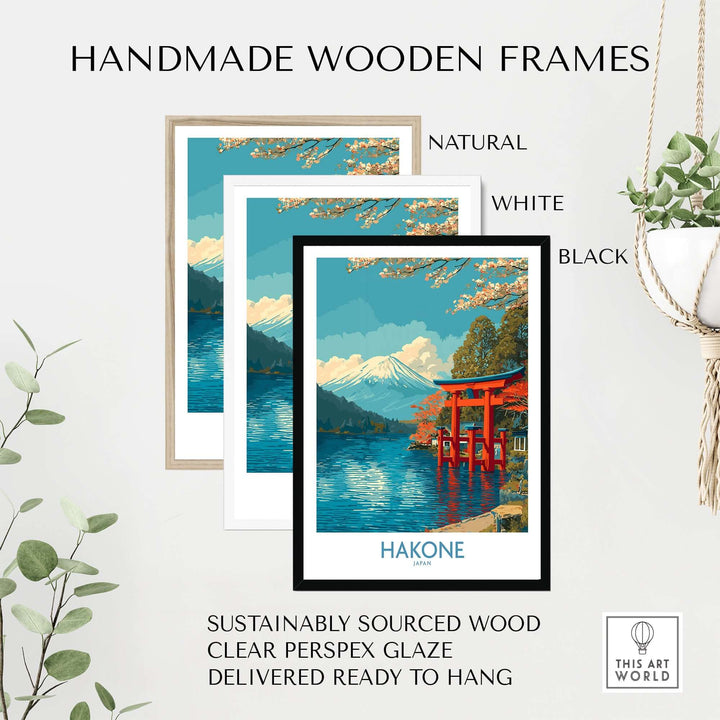 Handmade wooden frames in natural, white, and black for Hakone Red Torii Gate poster, featuring clear Perspex glaze.