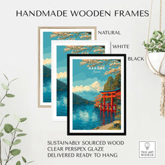 Handmade wooden frames in natural, white, and black for HakonePrint Japan Peace Shrine Torii Artwork - Mount Fuji Lake Ashi Poster.