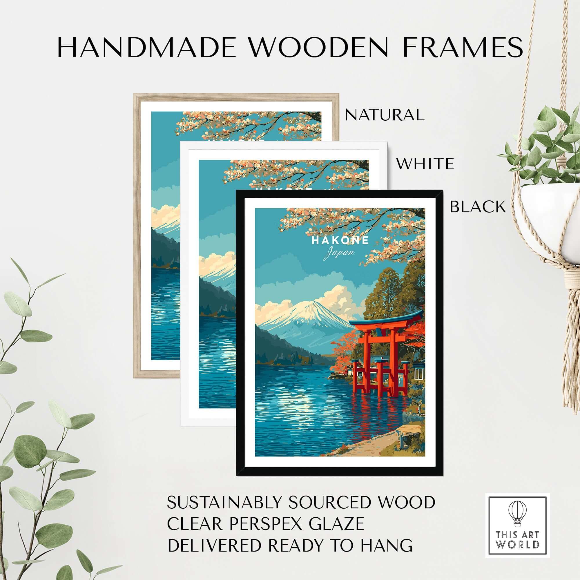Handmade wooden frames in natural, white, and black for HakonePrint Japan Peace Shrine Torii Artwork - Mount Fuji Lake Ashi Poster.