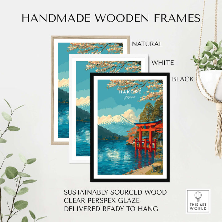 Handmade wooden frames in natural, white, and black for HakonePrint artwork. Sustainably sourced and ready to hang.