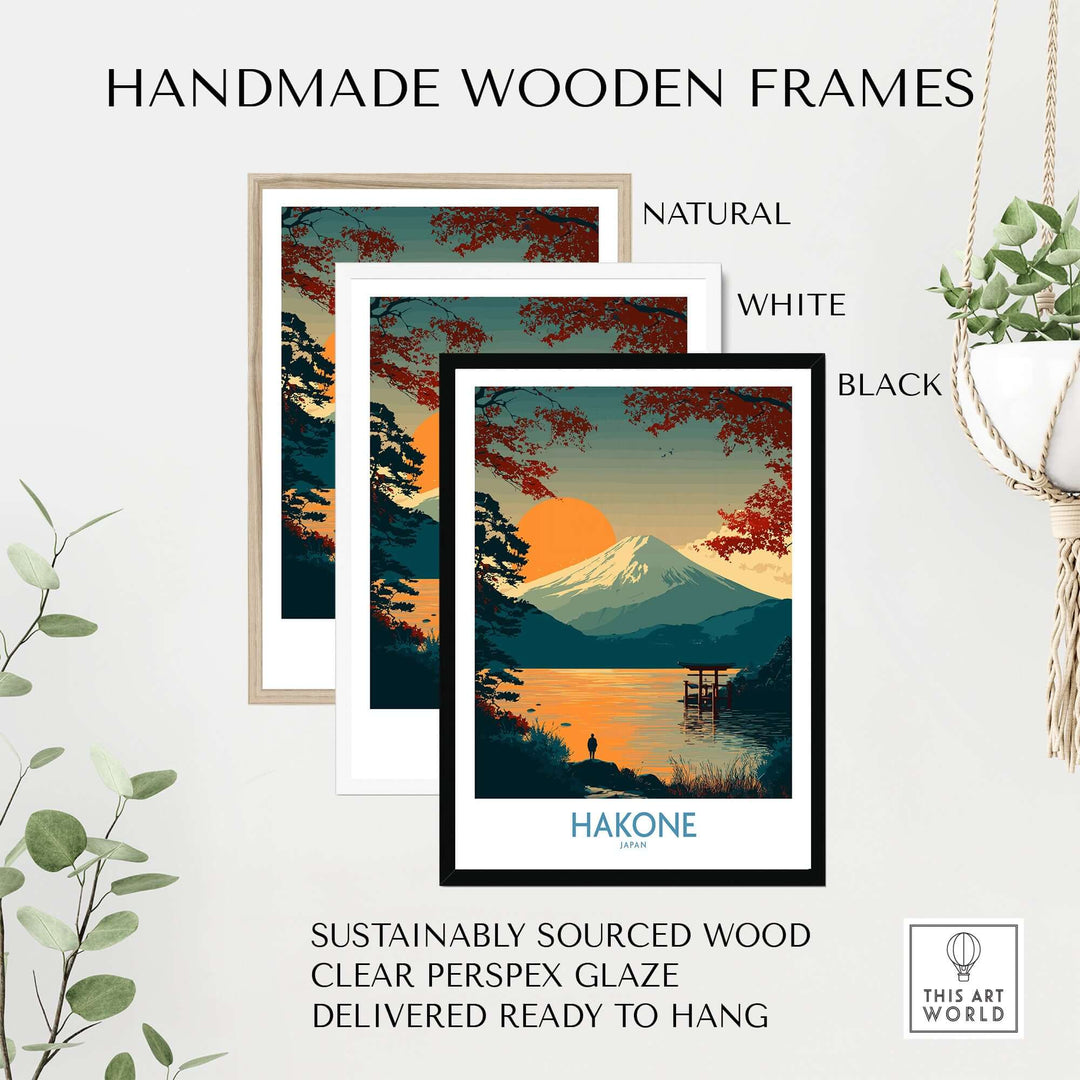 Handmade wooden frames in natural, white, and black for Hakone Lake Ashi print art, ready to hang.
