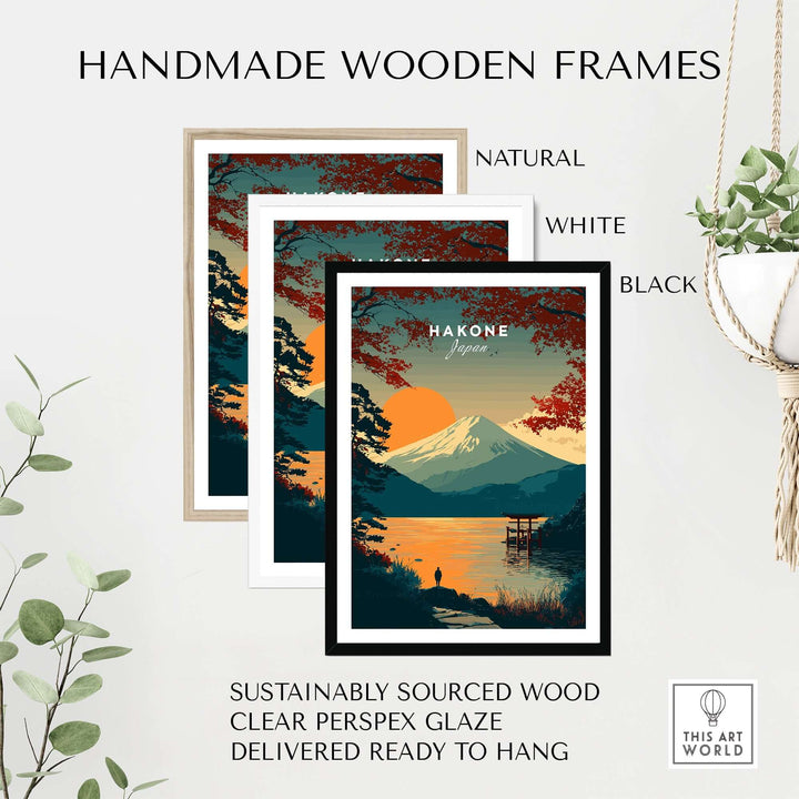 Handmade wooden frames in natural, white, and black colors for Hakone artwork, made from sustainably sourced wood.