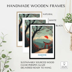 Hakone Japan Peace Gate Shrine Wall Art - Autumn Cherry Blossom Decor framed in natural, white, and black wooden frames.
