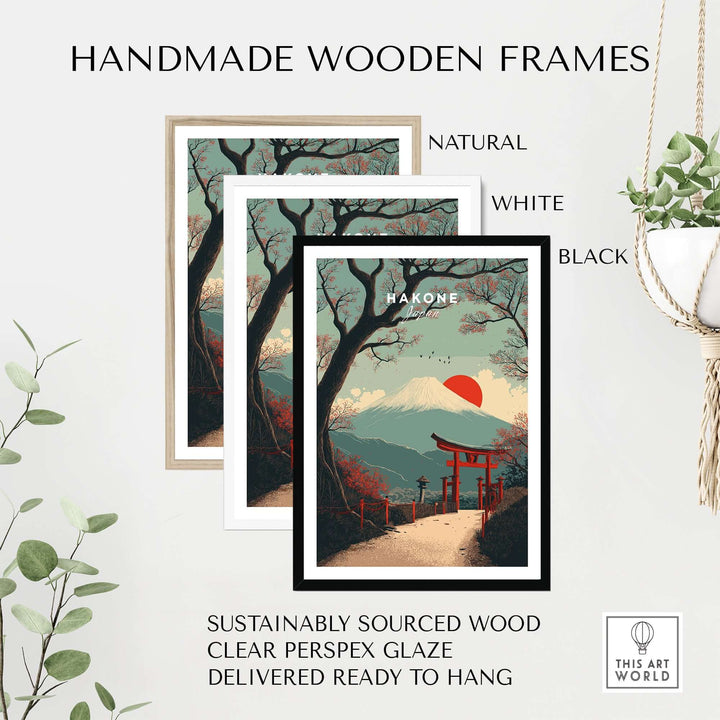 Handmade wooden frames in natural, white, and black for Hakone print, showcasing sustainable design and ready-to-hang features.
