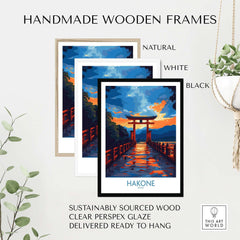 Hakone Wall Art - Japan Travel Poster displayed in natural, white, and black handmade wooden frames.
