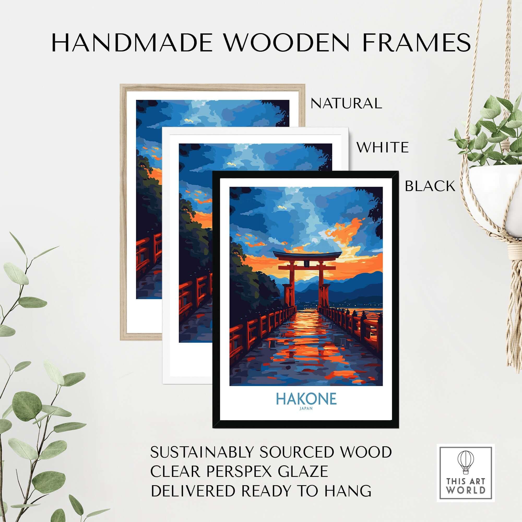 Hakone Wall Art - Japan Travel Poster displayed in natural, white, and black handmade wooden frames.