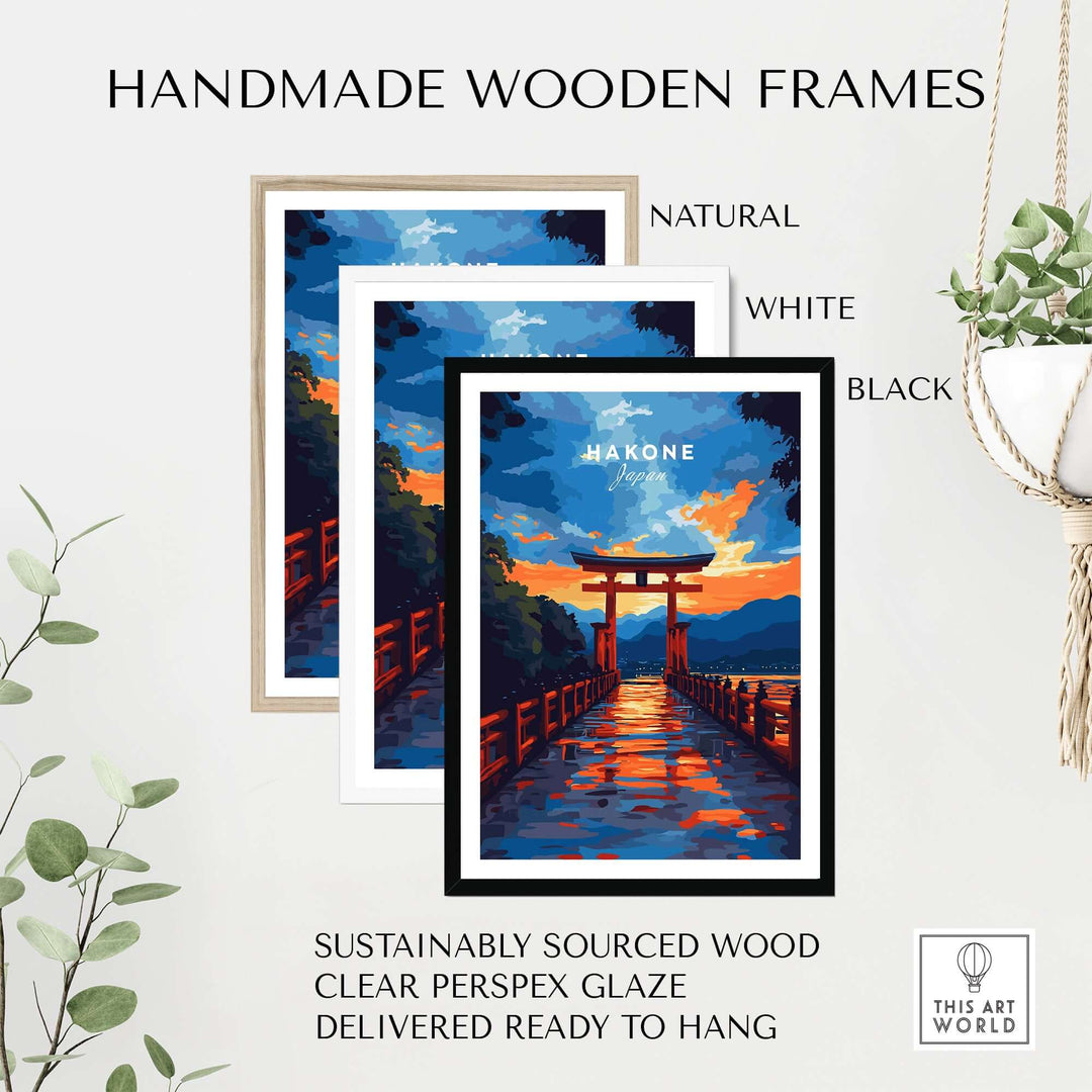 Handmade wooden frames in natural, white, and black finishes, featuring vibrant Hakone wall art for easy hanging.