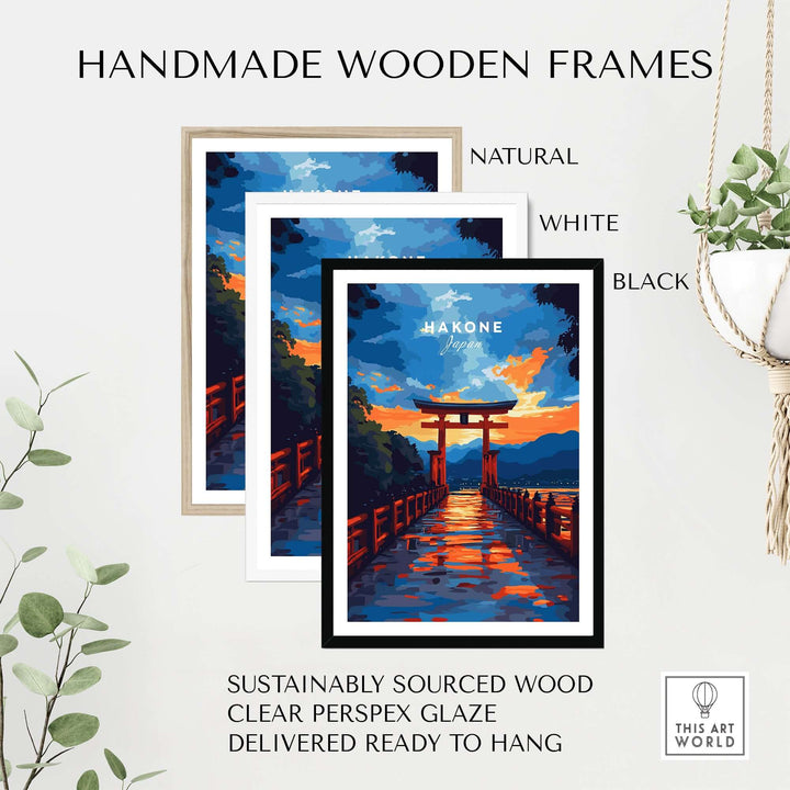 Handmade wooden frames in natural, white, and black finishes, featuring vibrant Hakone wall art for easy hanging.