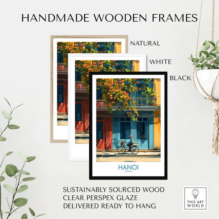 Hanoi poster featuring handmade wooden frames in natural, white, and black options, highlighting Vietnam wall art.