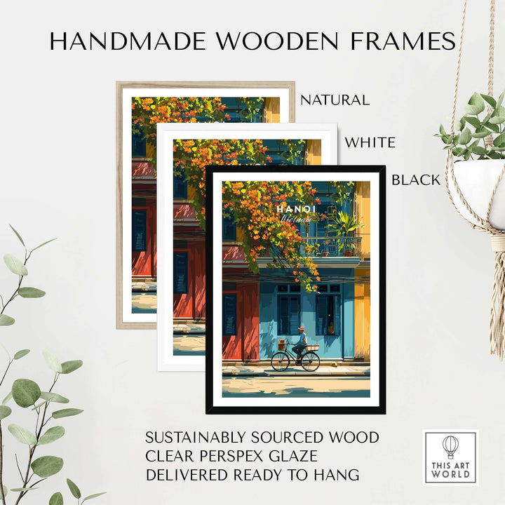 Handmade wooden frames in natural, white, and black around Hanoi wall art print featuring a cyclist and colorful buildings.