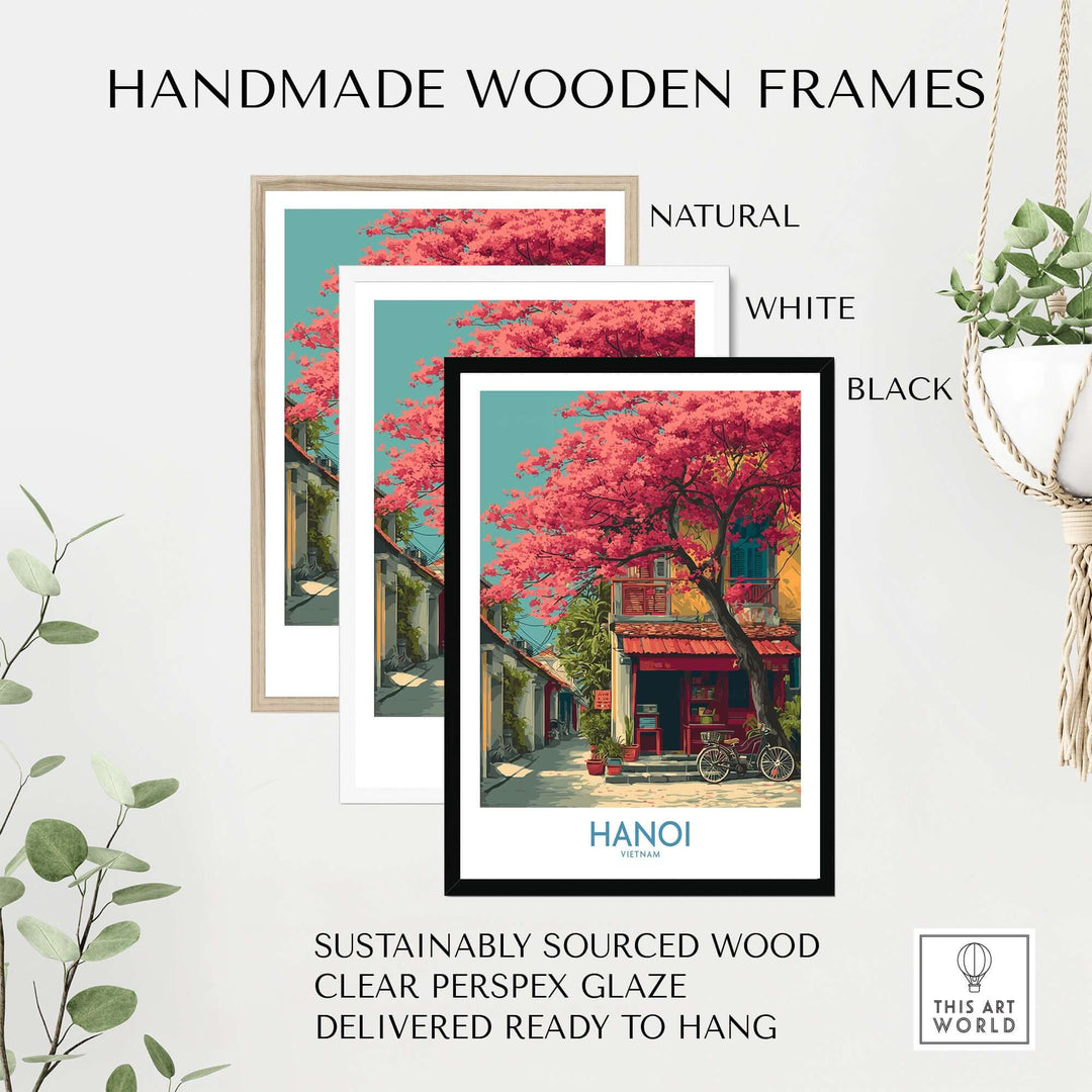 Handmade wooden frames in natural, white, and black showcasing a vibrant Hanoi scene with cherry blossom trees.