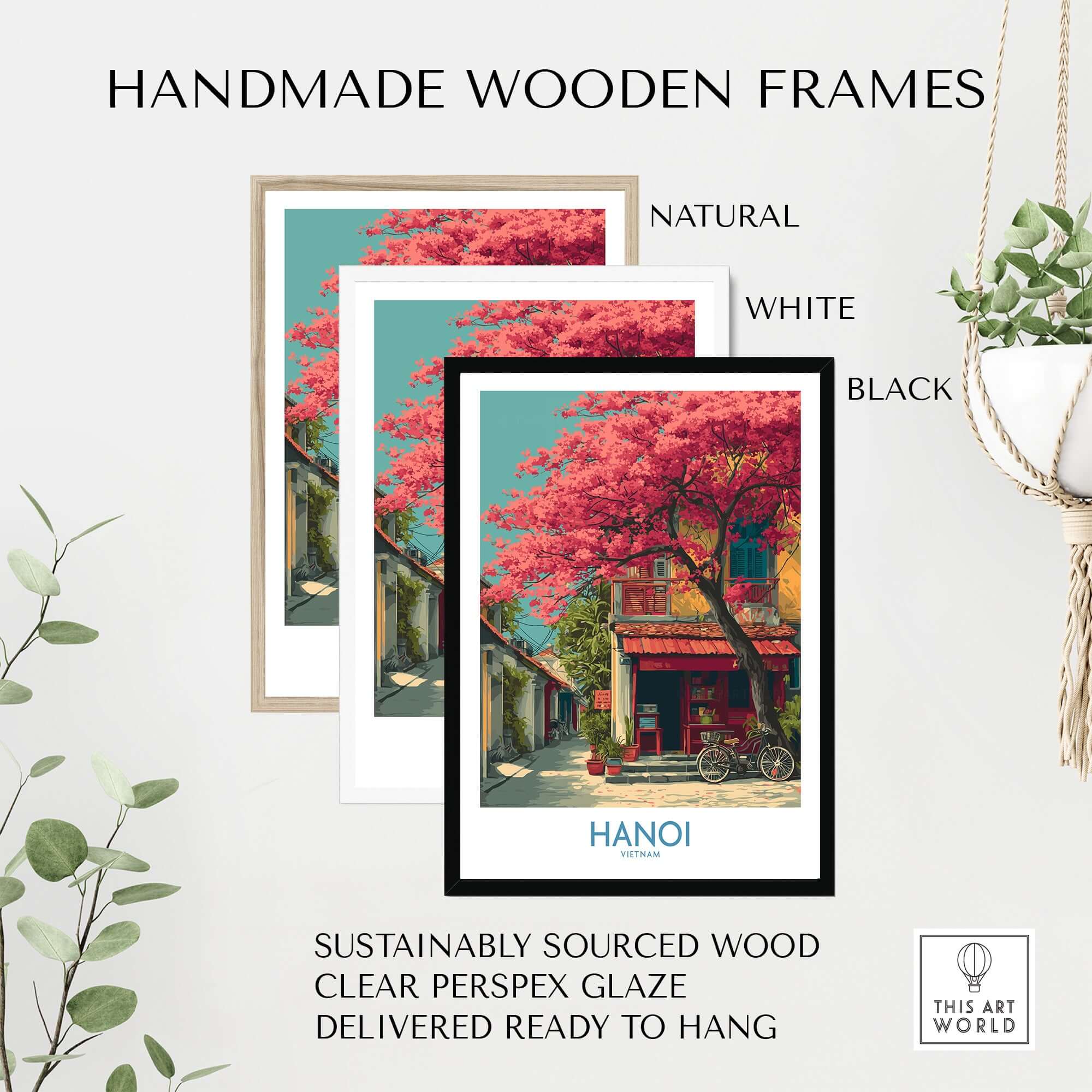 Hanoi Vietnam Poster - Historic Hanoi Scene Decor in handmade wooden frames available in natural, white, and black.