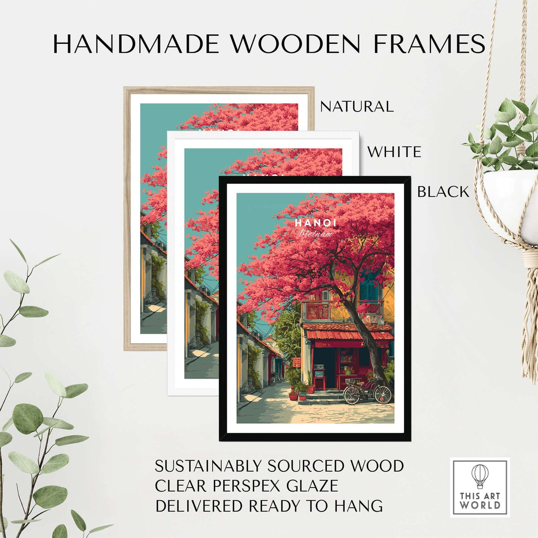Handmade wooden frames in natural, white, and black for Hanoi cherry blossom print, sustainably sourced wood, ready to hang.