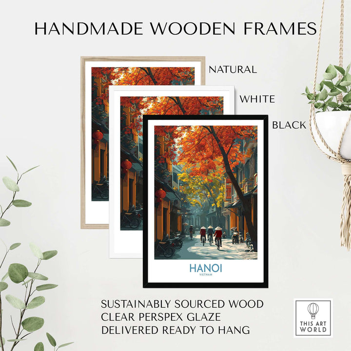 Handmade wooden frames in natural, white, and black colors for Hanoi wall art, sustainably sourced and ready to hang.