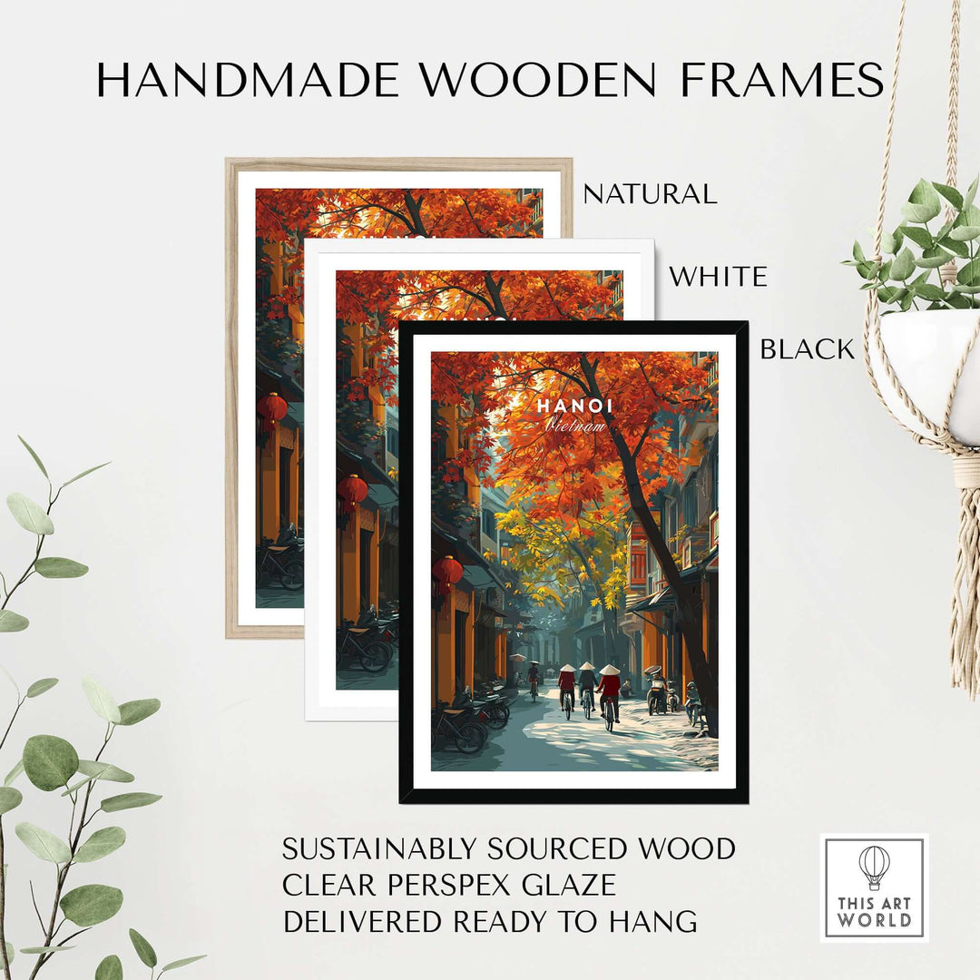 Handmade wooden frames for Hanoi poster in natural, white, and black finishes. Sustainably sourced wood, ready to hang.
