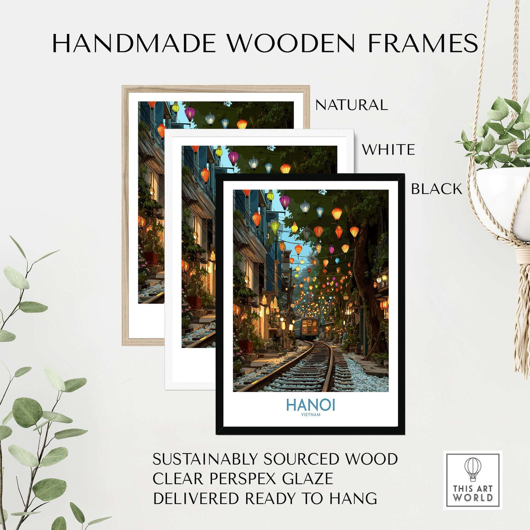 Hanoi travel print featuring Train Street, framed in natural, white, and black handmade wooden frames.