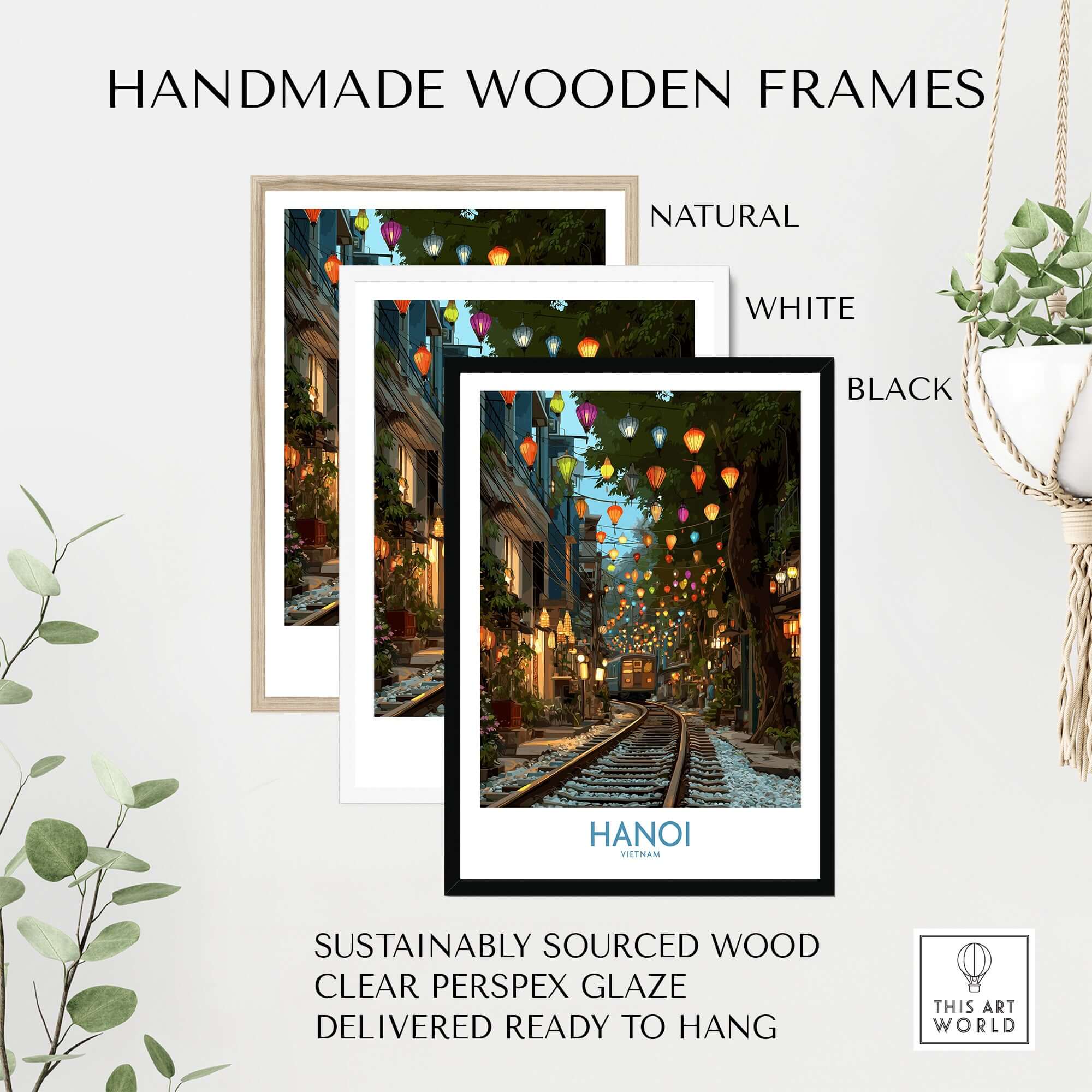 Hanoi Vietnam Train Street Wall Art - Hanoi Travel Print in handmade wooden frames, featuring colorful lanterns of Hanoi.