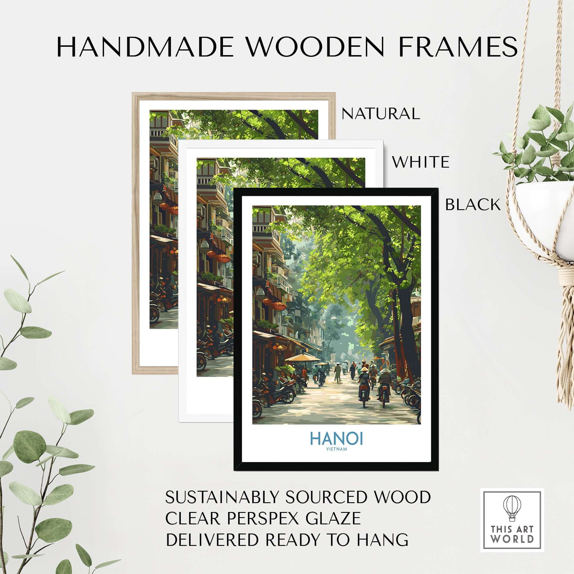Hanoi Vietnam Street Wall Art - Vietnamese Poster with handmade wooden frames in natural, white, and black colors.