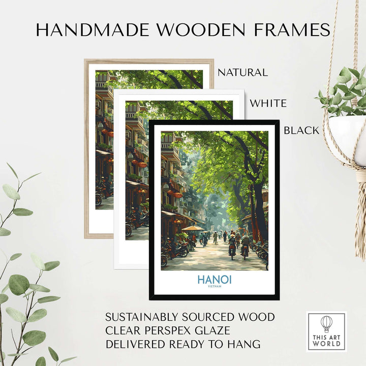 Handmade wooden frames in natural, white, and black for Hanoi street wall art; sustainable wood, ready to hang.