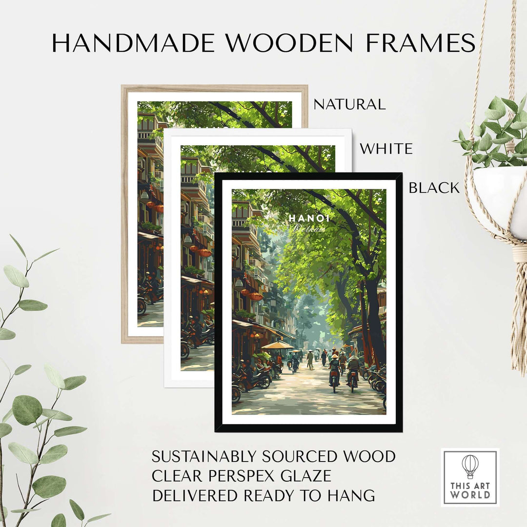Handmade wooden frames in natural, white, and black, displaying a vibrant Hanoi city street scene poster.