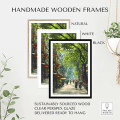 Hanoi Vietnam Poster - City Street Scene Print displayed in handmade wooden frames in natural, white, and black finishes.