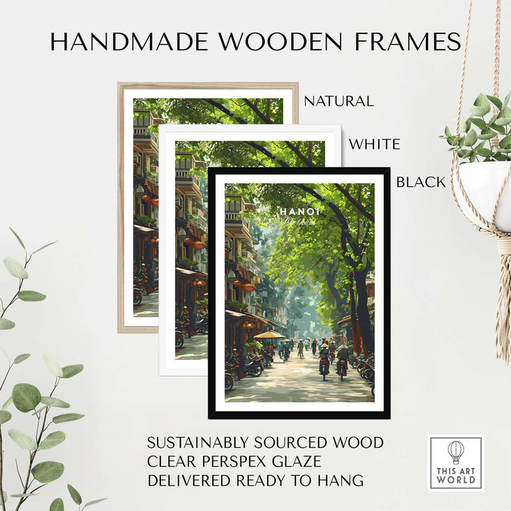 Handmade wooden frames in natural, white, and black, displaying a vibrant Hanoi city street scene poster.