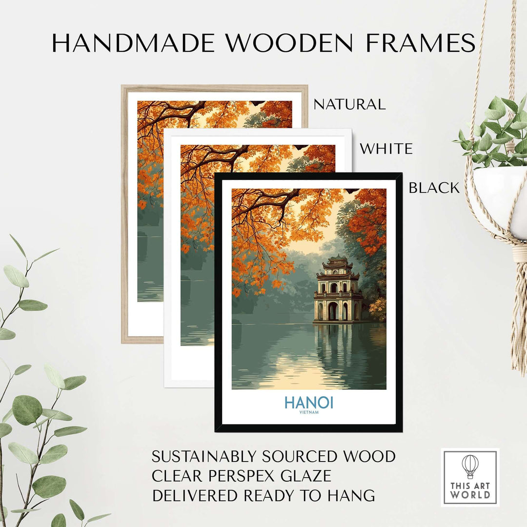 Handmade wooden frames in natural, white, and black colors for Hanoi Turtle Tower wall art, sustainably sourced and ready to hang.