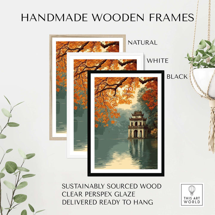 Handmade wooden frames in natural, white, and black surrounding a tranquil Hoan Kiem Lake print.
