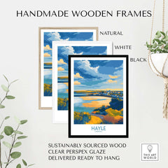 Hayle Estuary Panorama Wall Art - Cornish Travel Poster in handmade wooden frames in natural, white, and black finishes.