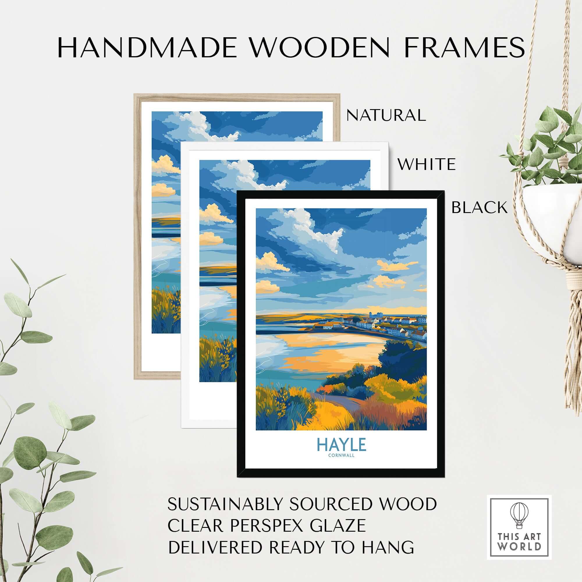 Hayle Estuary Panorama Wall Art - Cornish Travel Poster in handmade wooden frames in natural, white, and black finishes.