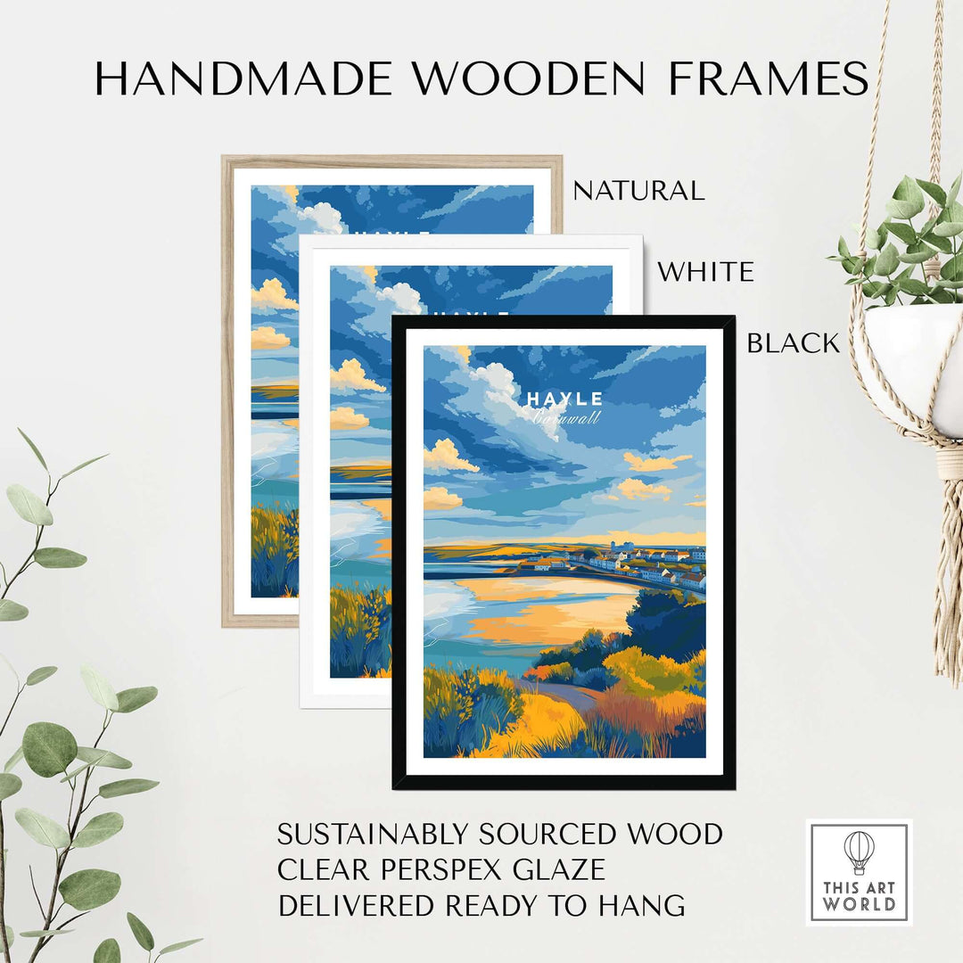 Hayle Cornwall poster in handmade wooden frames: natural, white, and black colors, showcasing coastal landscape art.