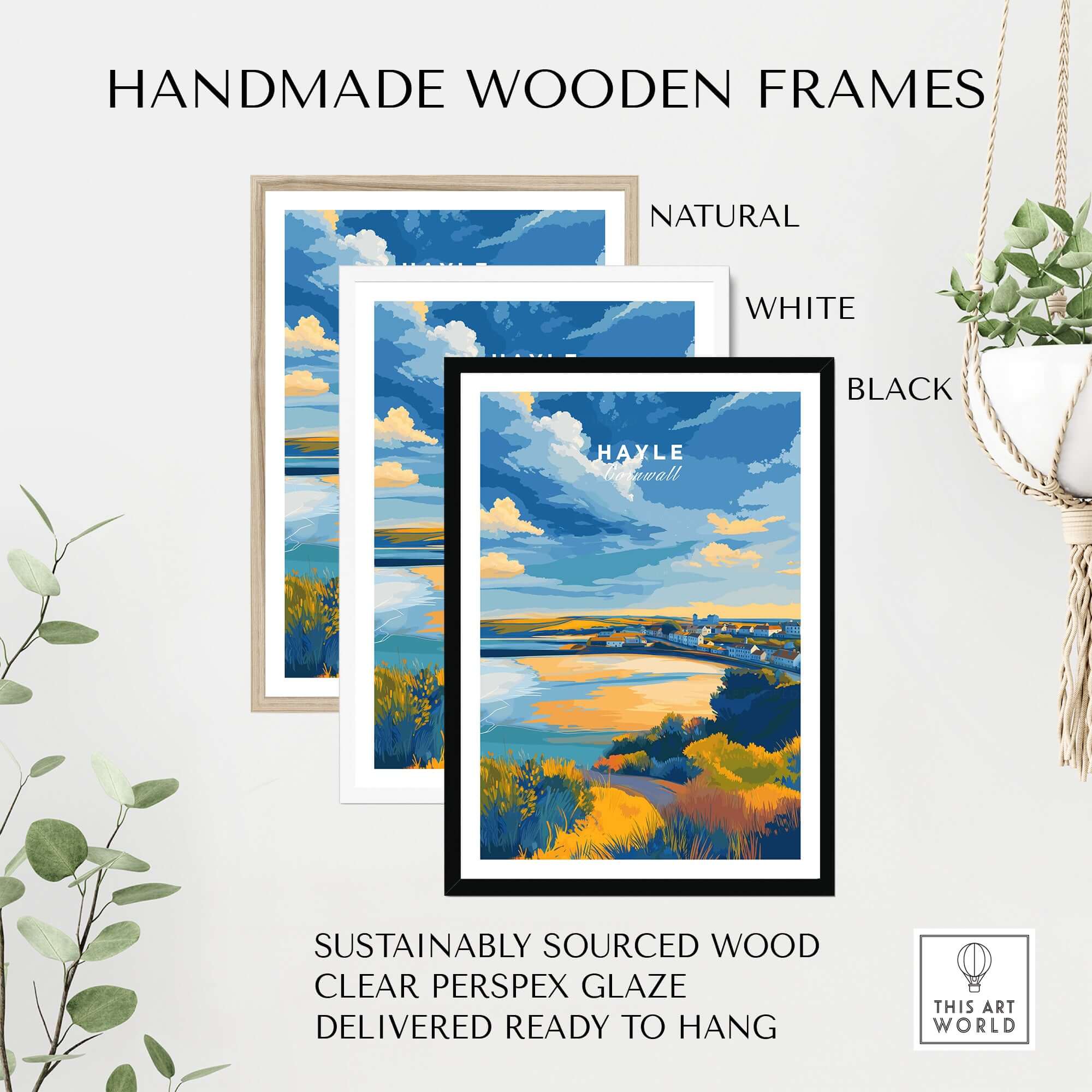 Hayle Cornwall Poster - UK Coastal Landscape Print displayed in handmade wooden frames in natural, white, and black options.