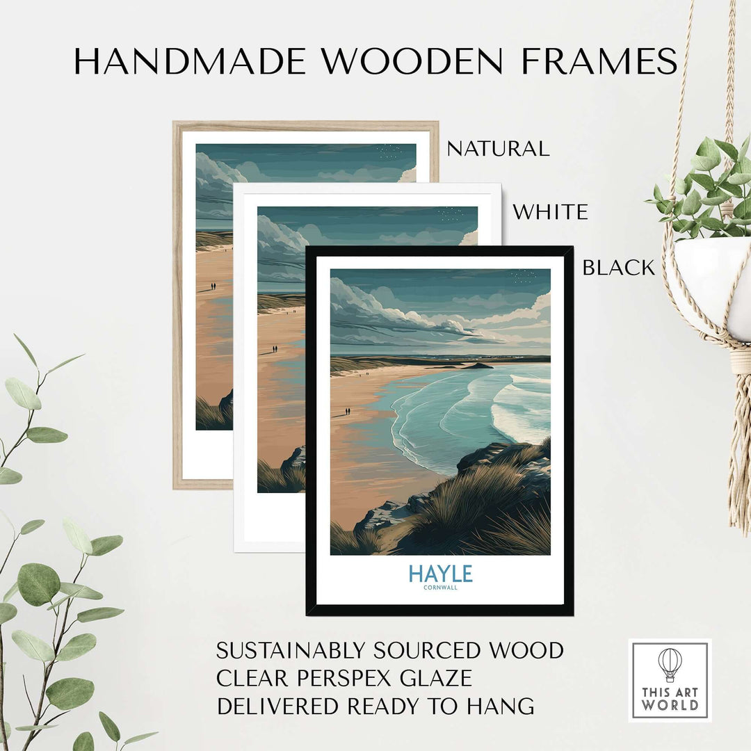 Three handmade wooden frames in natural, white, and black showcasing the Hayle Sandy Beach Poster.