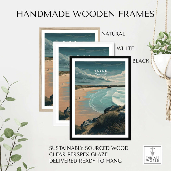 Handmade wooden frames in natural, white, and black showcasing Hayle Cornwall Coastal Beach print.