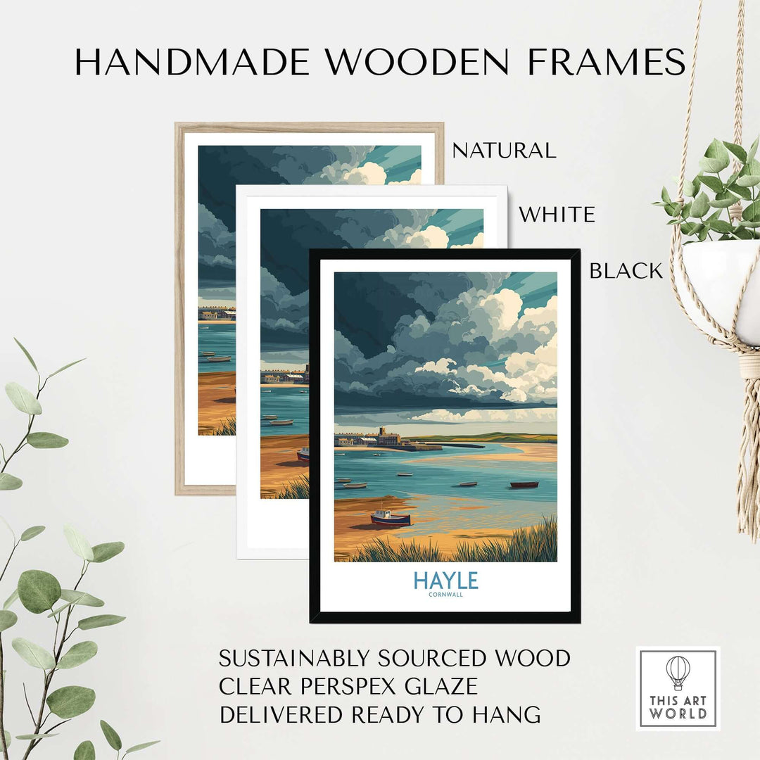 Handmade wooden frames in natural, white, and black for the Hayle Cornwall seascape poster, ready to hang.