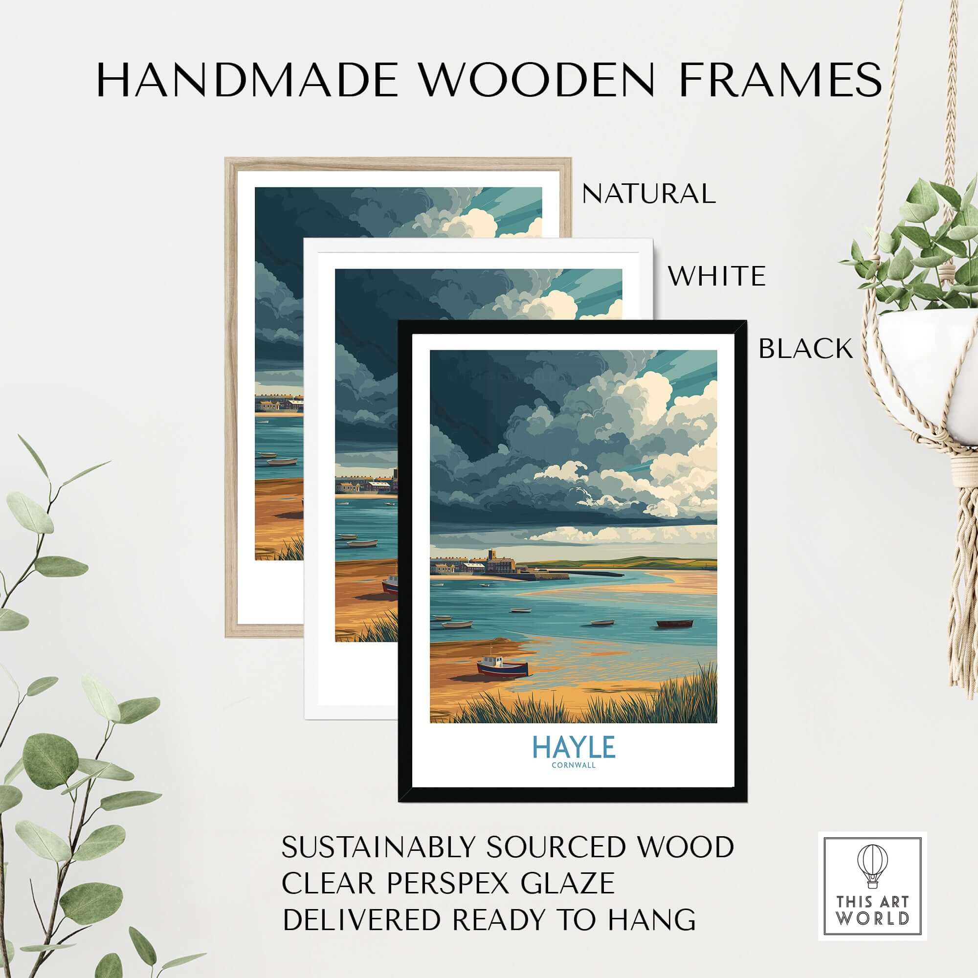 Handmade wooden frames in natural, white, and black for Hayle Cornwall Stormy Sky Seascape Poster - Cornish Travel Print.