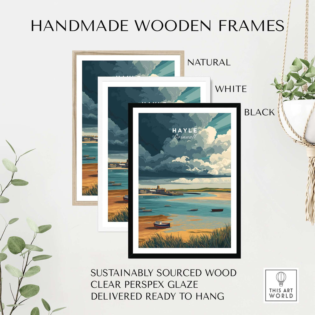 Handmade wooden frames in natural, white, and black for Hayle Boats print; sustainably sourced with clear glaze.