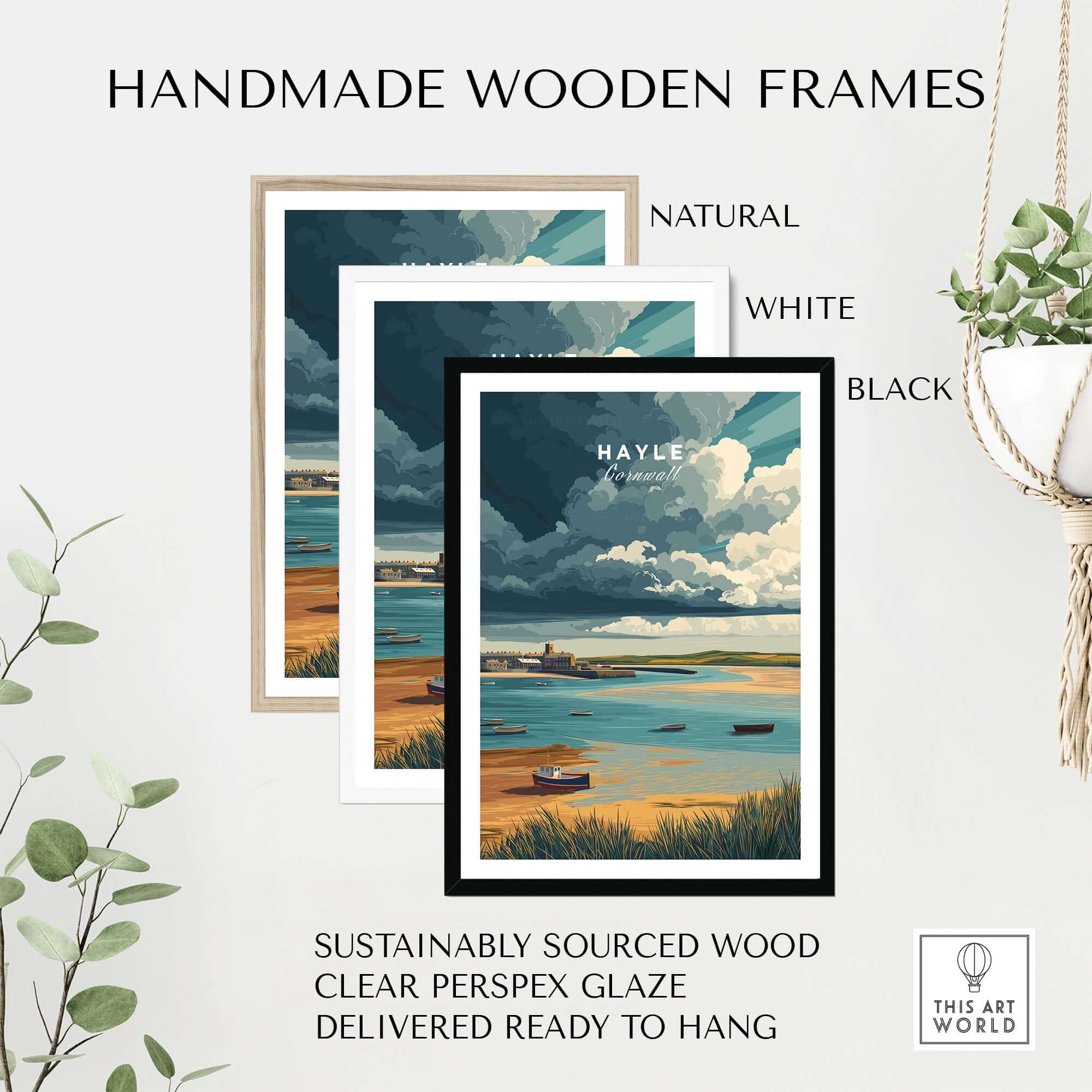Hayle Boats in the Bay Print - Coastal Cornwall Wall Art displayed in handmade wooden frames.