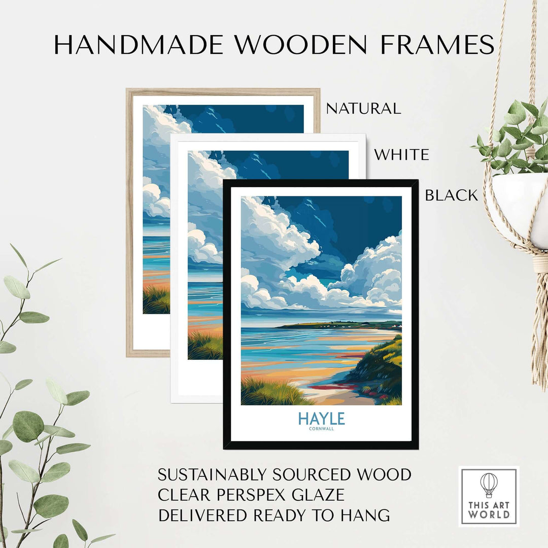 Handmade wooden frames for Hayle Wall Art in natural, white, and black finishes, showcasing Cornish nature decor.