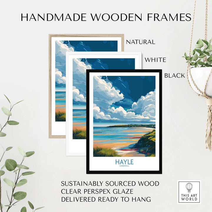 Handmade wooden frames for Hayle Wall Art in natural, white, and black finishes, showcasing Cornish nature decor.