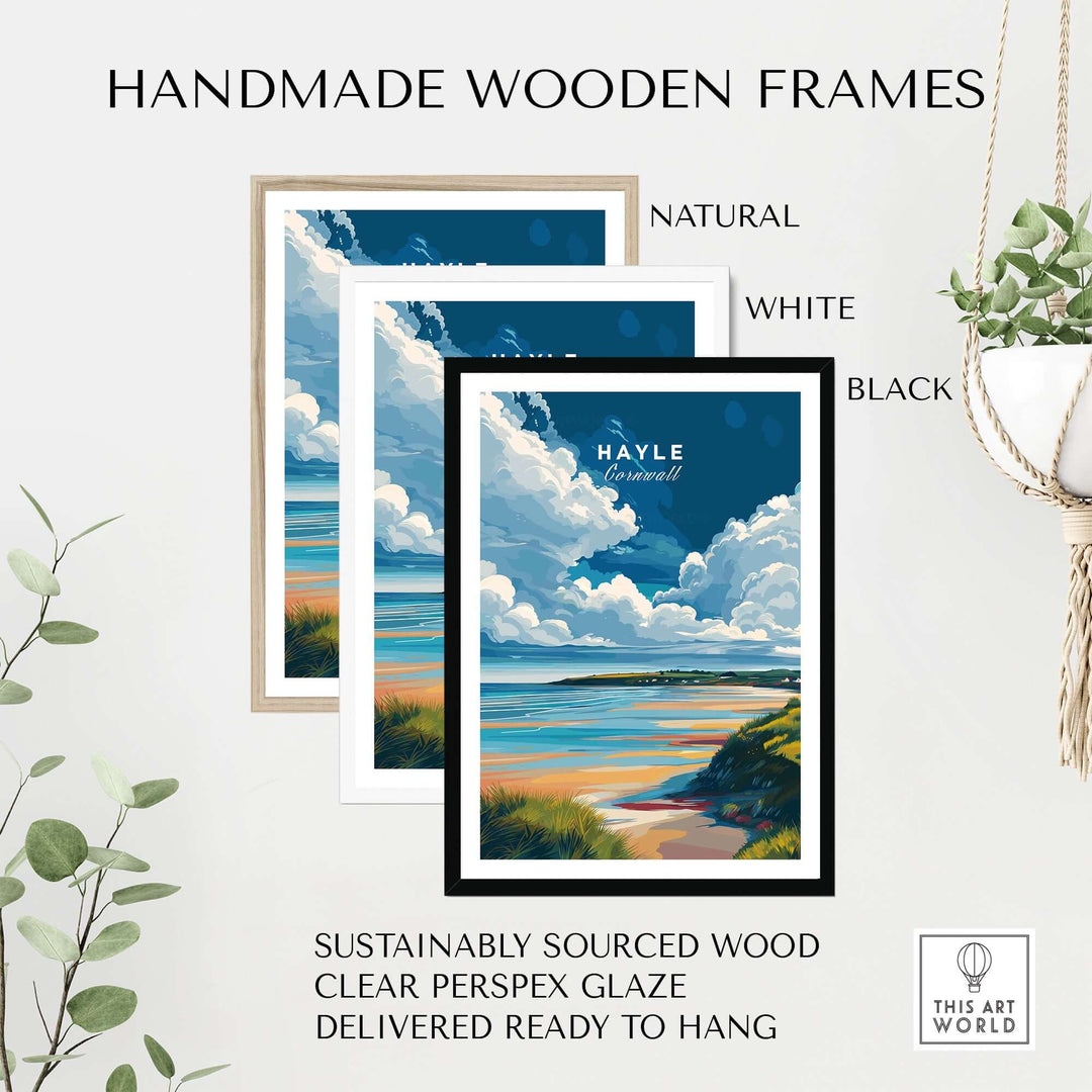 Three handmade wooden frames in natural, white, and black showcasing Hayle Ocean View print with sustainable wood and clear glaze.